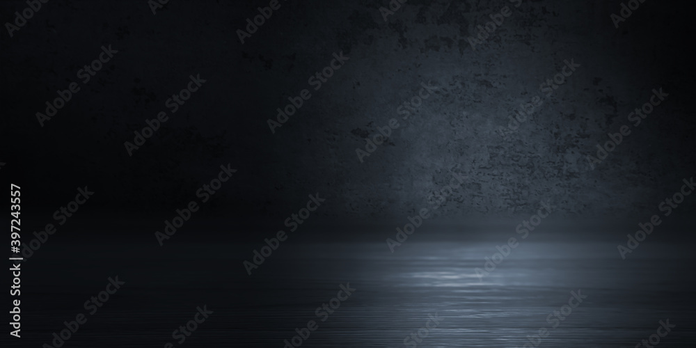 Dark plaster texture background. Empty room background. The spotlight reflects on the concrete. Smoke, fog. 3d illustration