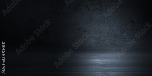 Dark plaster texture background. Empty room background. The spotlight reflects on the concrete. Smoke, fog. 3d illustration