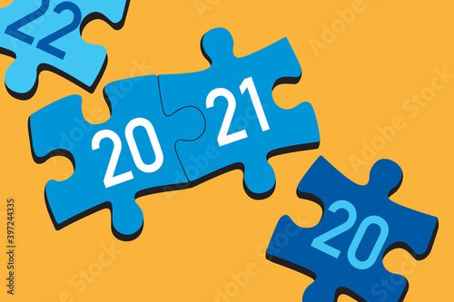 Carte de vœux sur le thème de l’association et du partenariat entre entreprises, avec deux pièces de puzzle qui s’emboîtent pour former 2021.