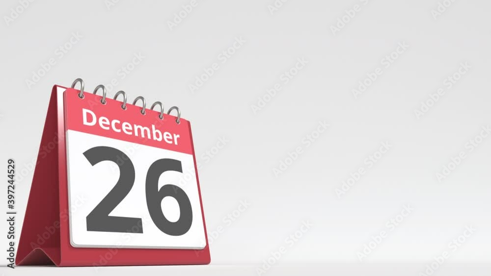 December 26 date on the flip desk calendar page, blank space for user text, 3d animation December 26 date on the flip desk calendar page, blank space for user text, 3d animation