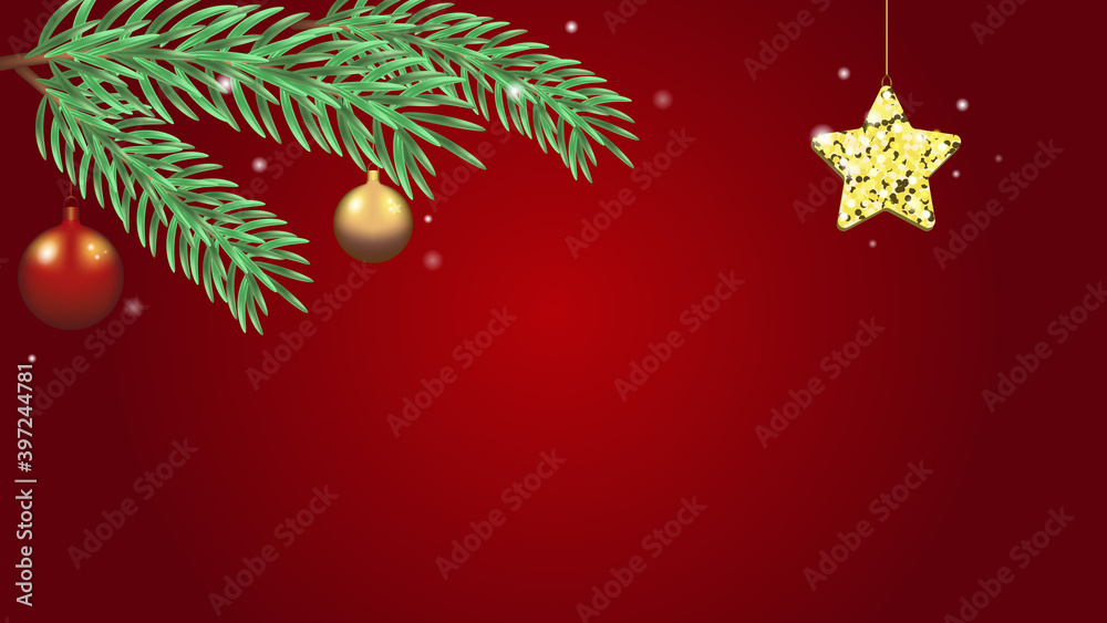 Сhristmas red background with Сhristmas tree branches, balls and star