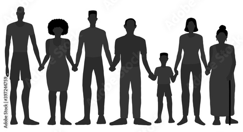 African Americans of different gender and age hold hands together. Hand drawn vector illustration. Silhouette of black skin people isolated on white background. Black Lives Matter, black history month