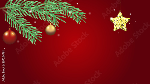   hristmas red background with   hristmas tree branches  balls and star