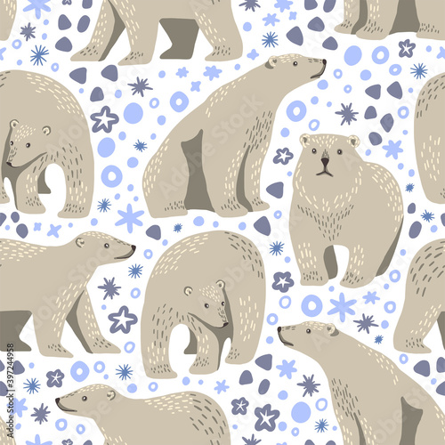 Cute polar bears flat hand drawn vector seamless pattern. Colorful wallpaper in scandinavian style. Abstract winter animals background. Lovely design for prints, wrap, textile, fabric, decor, card etc