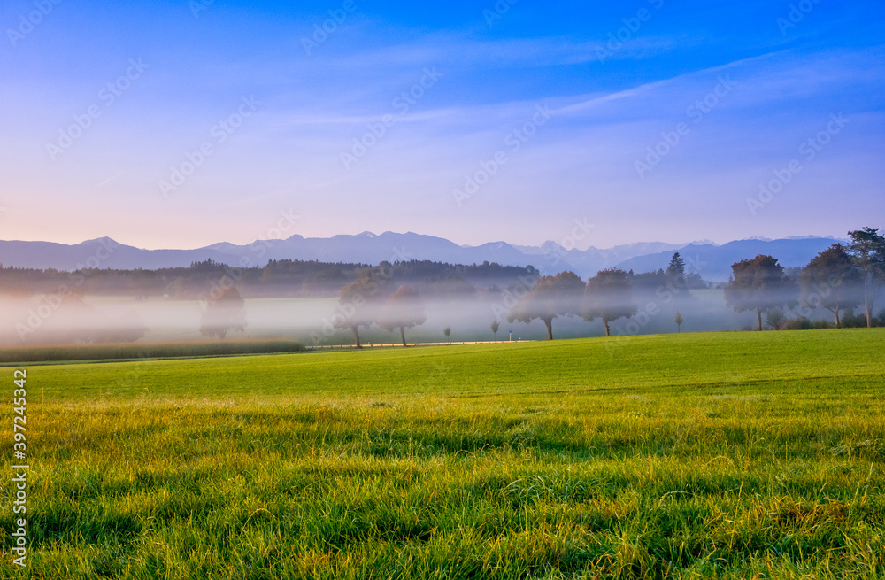 Morgennebel im bayerischen Voralpenland, Bayern, Deutschland