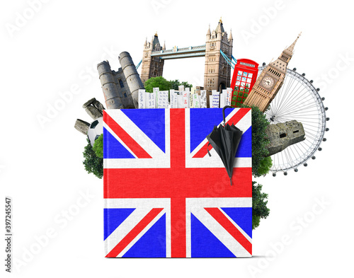 English language. Textbook with bookmarks and british sights, educational concept