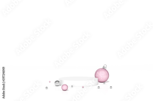 Pink and Silver christmas ball Ornaments and decoration object group with podium display stand on white background 3d rendering. 3d illustration celebration christmas and new year sale concept.