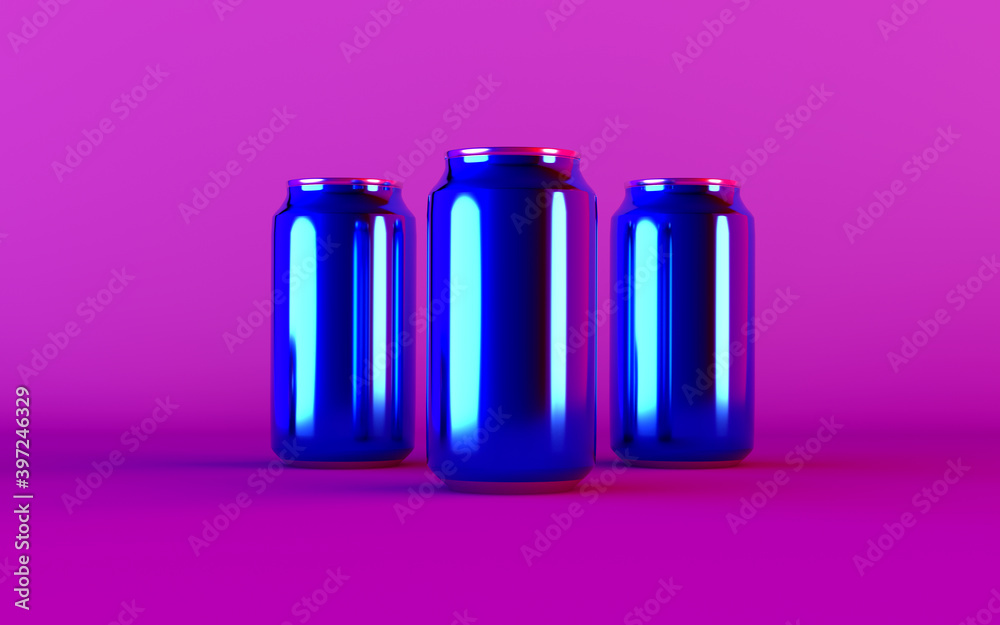 Blue glossy drink bottles on a bright pink background. 3d rendering.