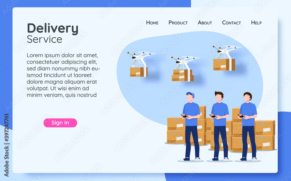 Online delivery service web page concept, online order by modern technology. The parcel box flying drone transporter control by delivery man, logistic home tracking delivery in new normal theme. Online delivery service web page concept, online order by modern technology. The parcel box flying drone transporter control by delivery man, logistic home tracking delivery in new normal theme.