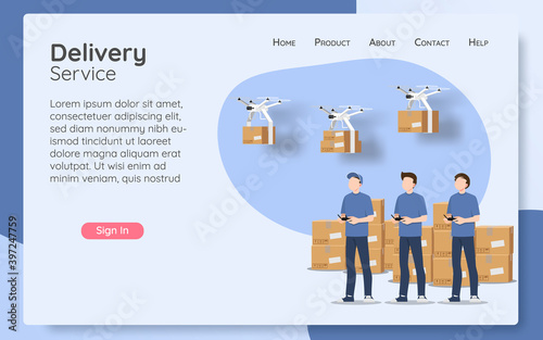 Online delivery service web page concept, online order by modern technology. The parcel box flying drone transporter control by delivery man, logistic home tracking delivery in new normal theme.