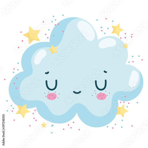 weather cute clouds with close eyes and stars cartoon