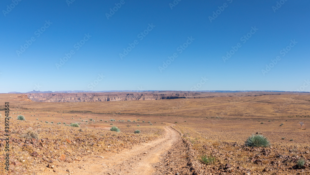 Road to check the viewpoints of Fish River Canyon, world's second largest canyon, Hobas, South Namibia. Road to check the viewpoints of Fish River Canyon, world's second largest canyon, Hobas, South Namibia.