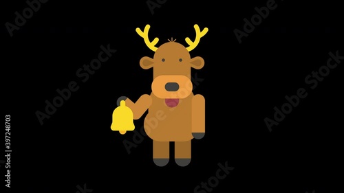 Reindeer holding and ringing Christmas bell. Alpha channel. Looped animation. Cartoon character