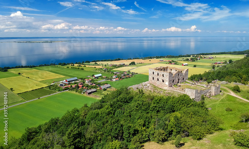 Brahehus Castle with lake panorama - aerial summer view photo