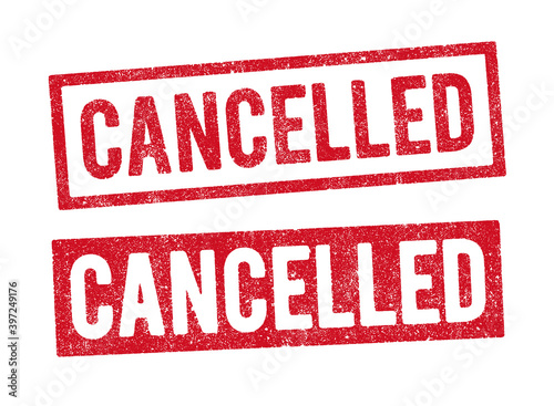 Vector illustration of the word Cancelled in red ink stamp in two different styles