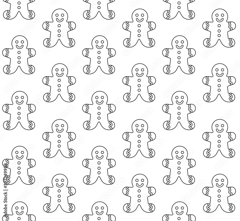 Vector seamless pattern of flat outline ginger bread isolated on white background