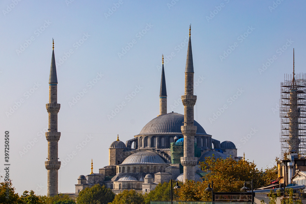 Obraz premium Istanbul, Turkey - September 2020:.Hagia Sophia or Ayasofya is the former Greek Orthodox Christian patriarchal cathedral, later an Ottoman imperial mosque and museum and one of seven wonders.