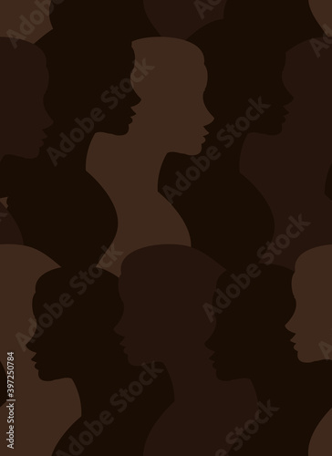 Vector seamless pattern of flat brown black woman profile silhouette isolated on background