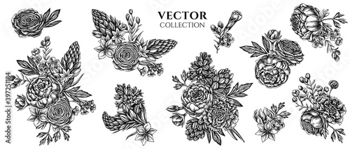 Flower bouquet of black and white peony, carnation, ranunculus, wax flower, ornithogalum, hyacinth
