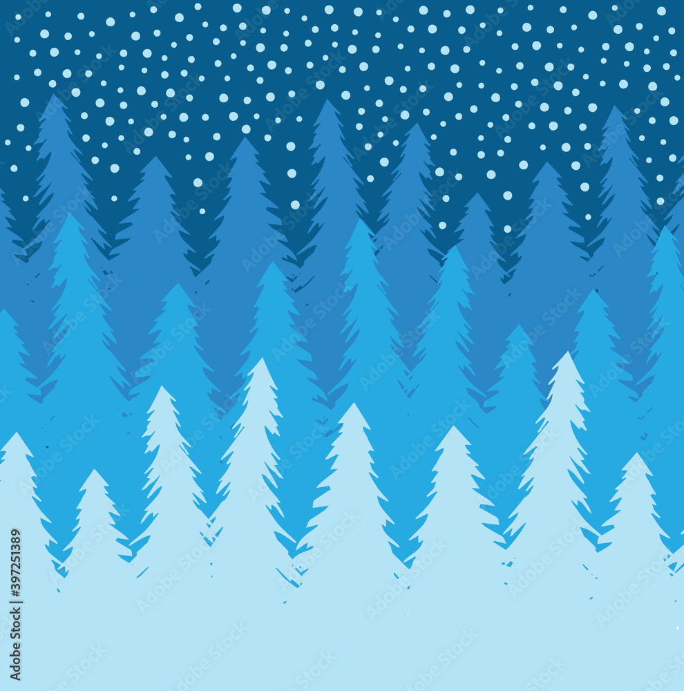 Vector flat colored winter spruce tree forest with snow isolated on white background