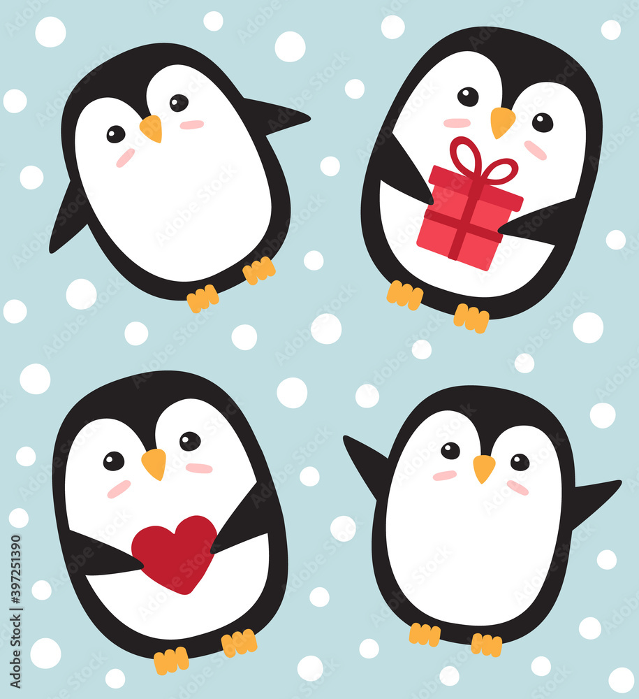 Fototapeta premium Vector seamless pattern of hand drawn doodle flat cartoon penguin isolated on blue background