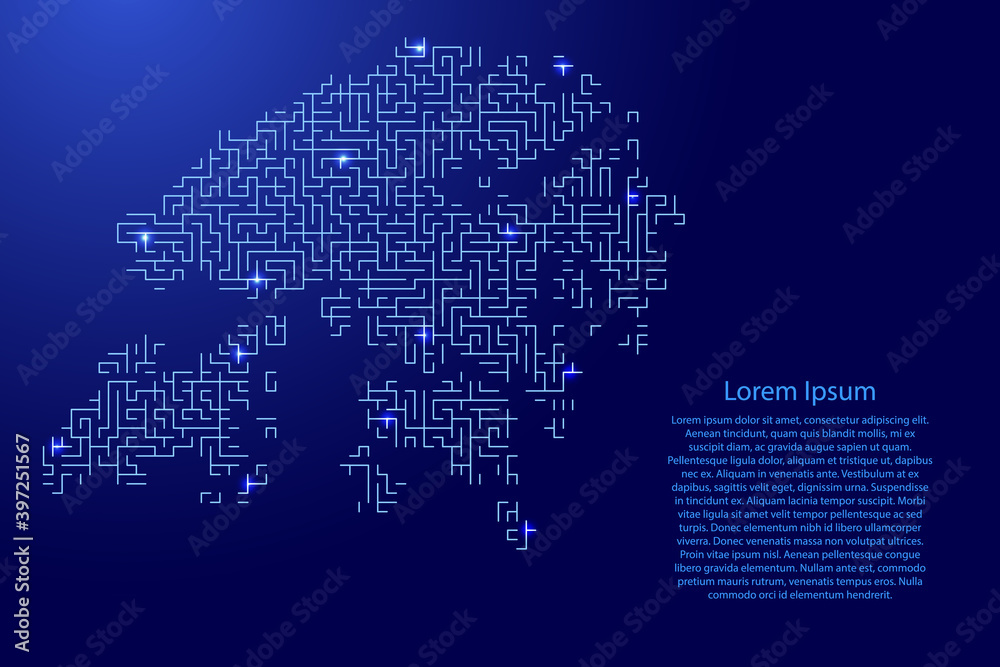 Hong Kong map from blue pattern of the maze grid and glowing space stars grid. Vector illustration. Hong Kong map from blue pattern of the maze grid and glowing space stars grid. Vector illustration.