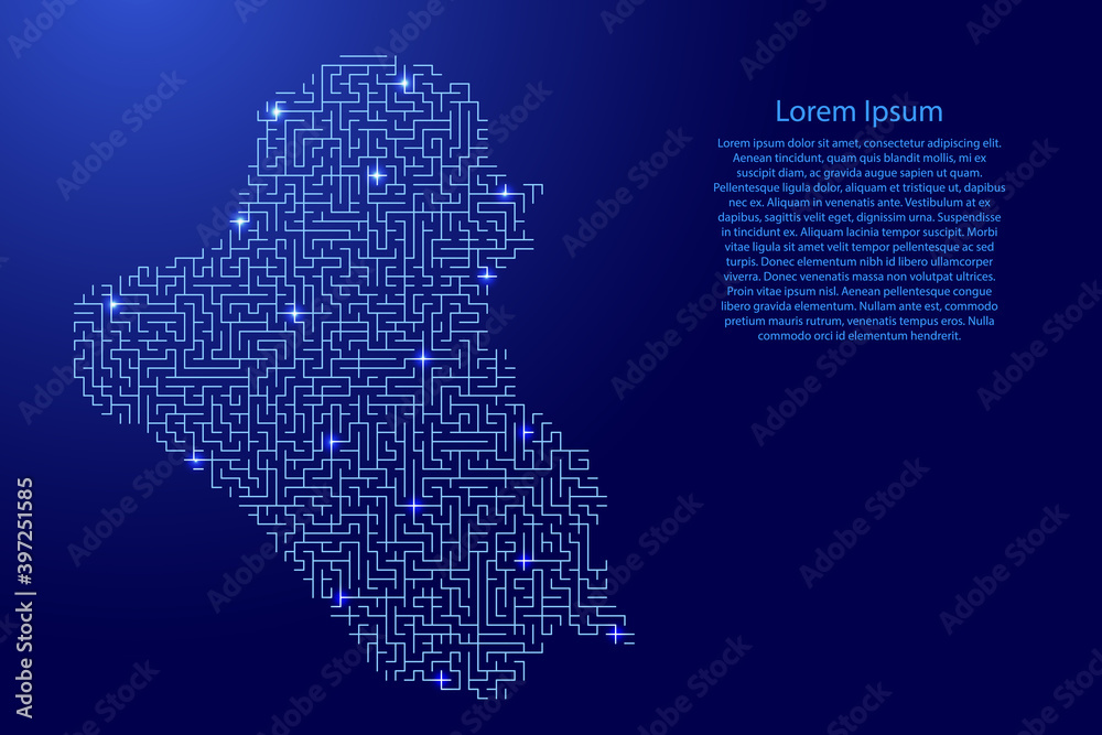 Iraq map from blue pattern of the maze grid and glowing space stars grid. Vector illustration.