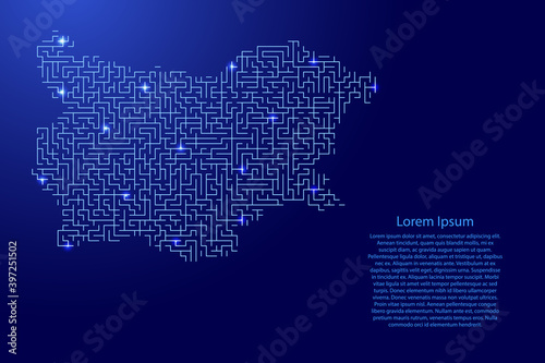 Bulgaria map from blue pattern of the maze grid and glowing space stars grid. Vector illustration.