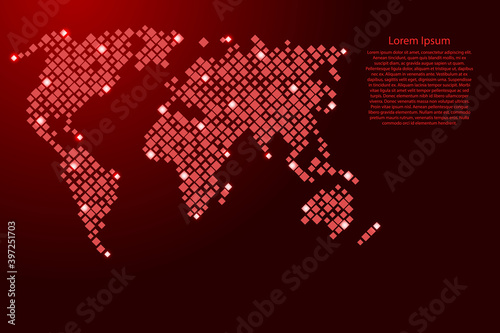 World map from red pattern rhombuses of different sizes and glowing space stars grid. Vector illustration.