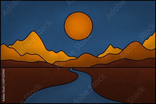 Colorful landscape illustration with river, sun and mountains