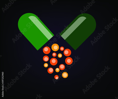 Vector illustration of a green capsule pill, medicine, vitamin. Open capsule vector illustration. Medical and Healthcare Concept. Front View