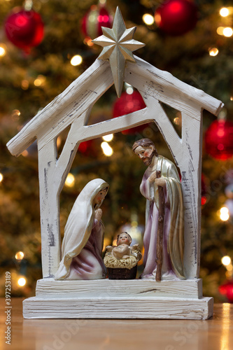 Birth of Jesus in the manger with Mary and Joseph at Christmas in Bethlehem