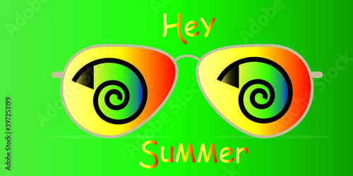 Sunglasses with Hypnotic Spirals and hey summer text on green Background. Retro 