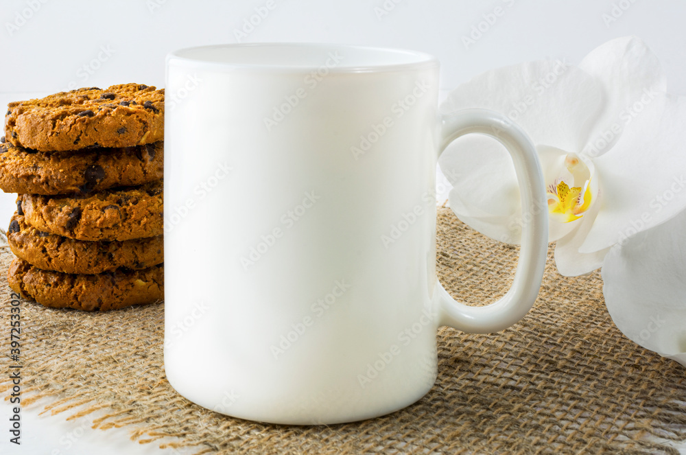 Coffee mug mockup with chocolates cookies Coffee mug mockup with chocolates cookies