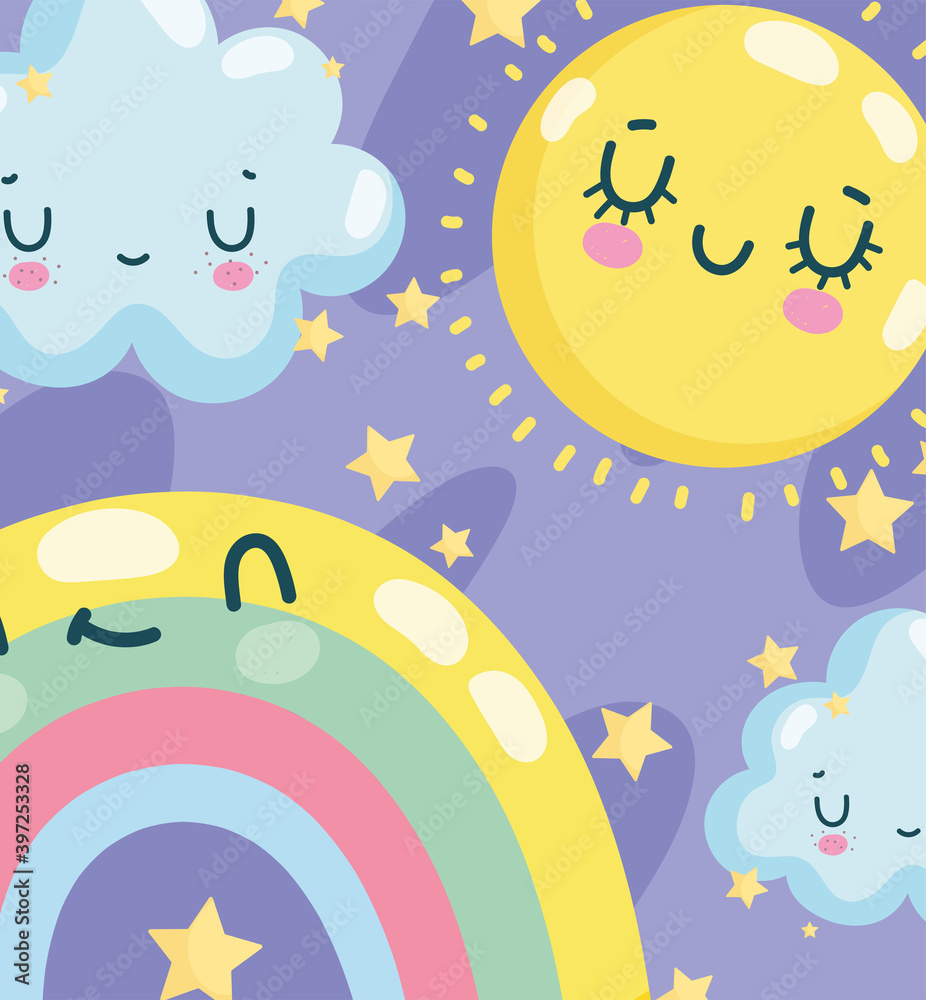 weather cute sun cloud and rainbow with stars sky decoration