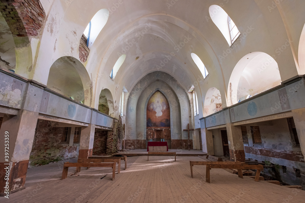 interior Abandoned Finnish Church in Lumivaara in Karelia in Russia.