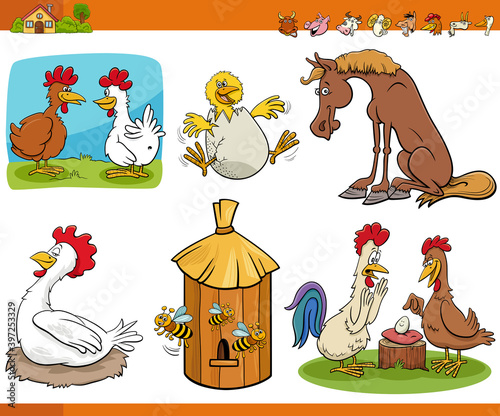 cartoon funny farm animal comic characters set