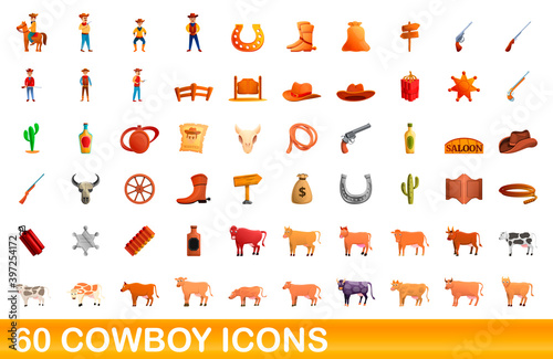 60 cowboy icons set. Cartoon illustration of 60 cowboy icons vector set isolated on white background