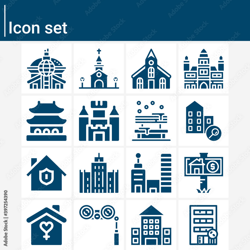 Simple set of town related filled icons.