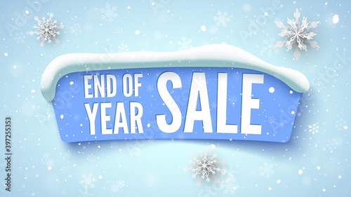 End of year sale blue banner with snow cap and snowflakes. Vector illustration.