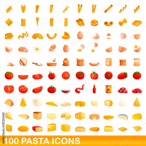 100 pasta icons set. Cartoon illustration of 100 pasta icons vector set isolated on white background