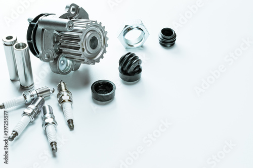 Engine gears. Auto motor mechanic spare or automotive piece on white background. Set of new metal car part. Technology of mechanical gear.