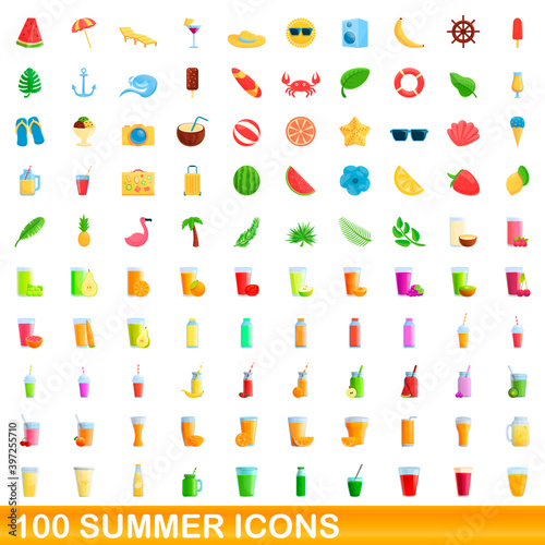 100 summer icons set. Cartoon illustration of 100 summer icons vector set isolated on white background