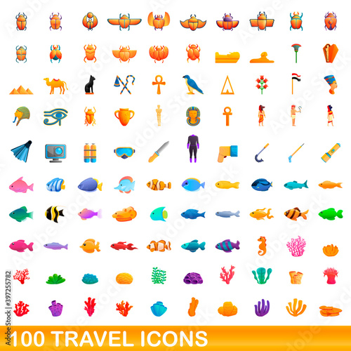 100 travel icons set. Cartoon illustration of 100 travel icons vector set isolated on white background