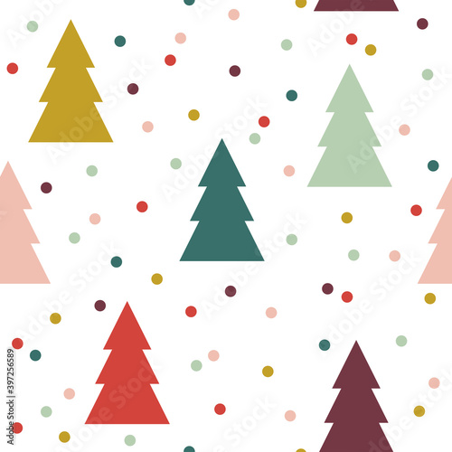 New Year Decorative pattern with christmas tree on white background. Seamless Minimal illustration