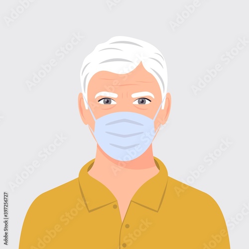 Portrait of an elderly man with medical mask. Virus and disease prevention. Elderly male character wears medical mask. Protection from polluted air. Flat vector illustration.