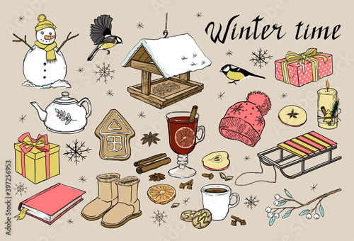 A set of winter elements: snowman, sleigh, mulled wine, bird feeder, titmouse, ginger house. Hand-drawn vector illustration for Christmas or New Year.