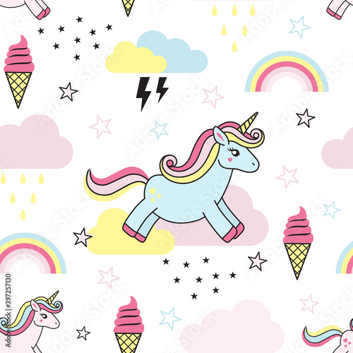 Seamless Colorful Vector Pattern with Cute Unicorns, Stars, Raindows and Ice-cream on White Background. Perfect for Fabric, Wallpaper, Wrapping Paper or Baby Decor