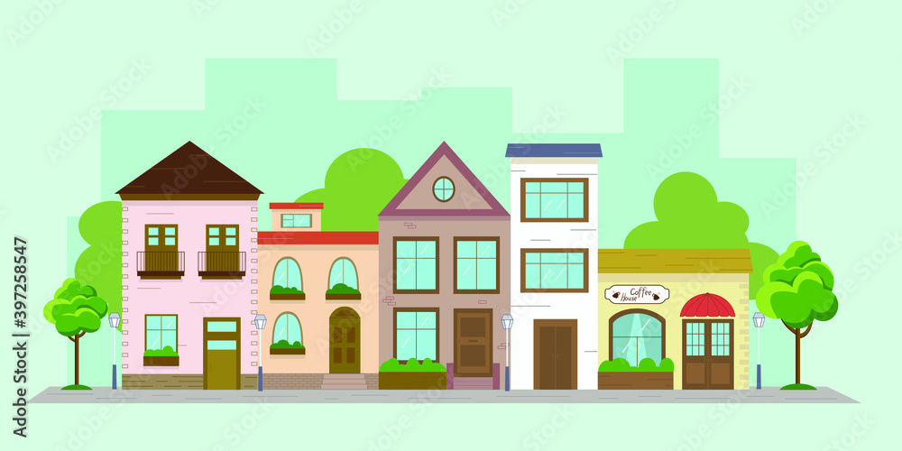 Colorful multicolored vector illustration of a city street. Drawing of houses in a flat style. European cute street with trees and lanterns.