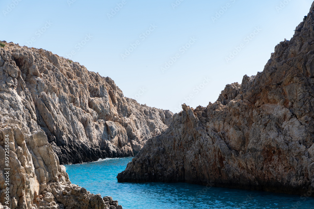 Beautiful beach Seitan limania also known as Stefanou beach on Crete, Greece. Superb turquoise bay in a canyon, this destination is hard to reach, famous place on island of Crete .